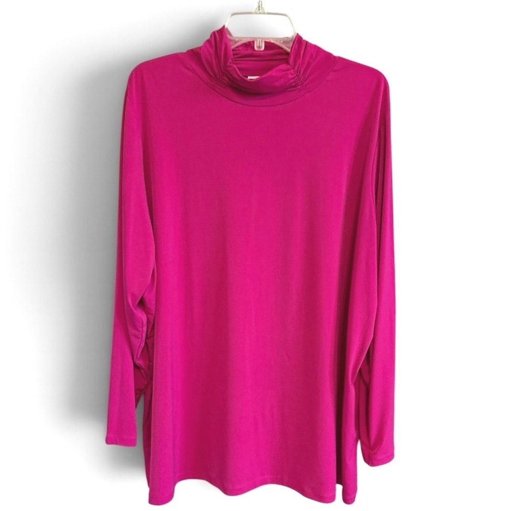 Susan Graver Liquid Knit Top Womens 3X Pink Ruched Mock Neck Long Sleeve